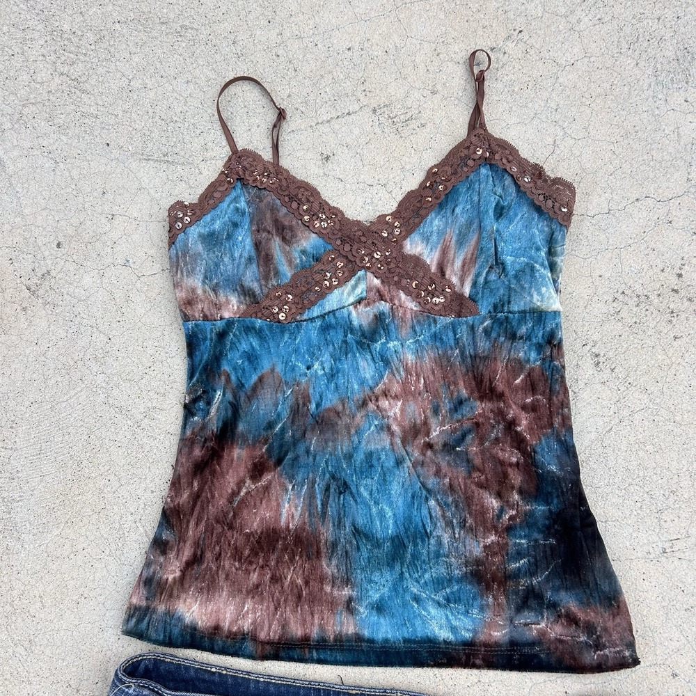 Original Glamor Y2K Tank Womens XS / Lace Brown‎ Blue Velvet Sequins Bratz Boho